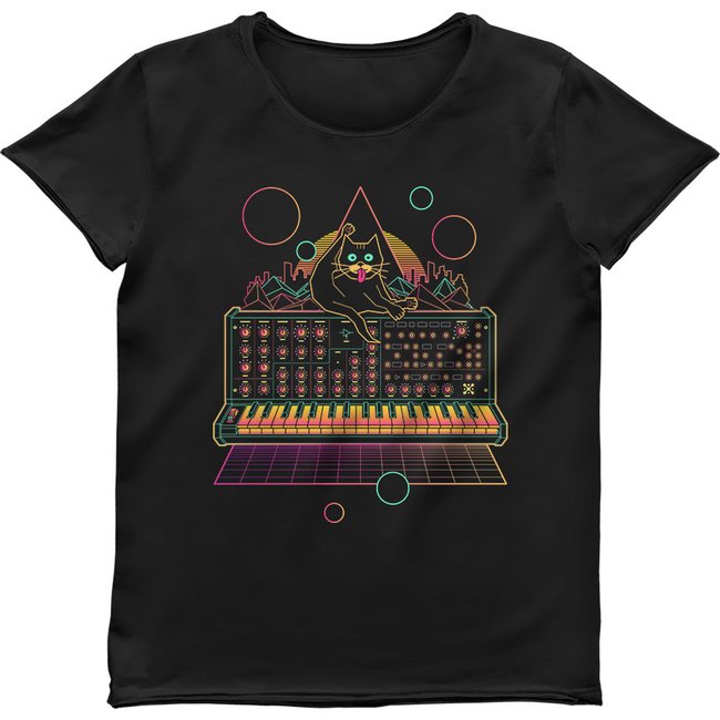 Women's T-shirt "Cat on Synthesizer", Black, M