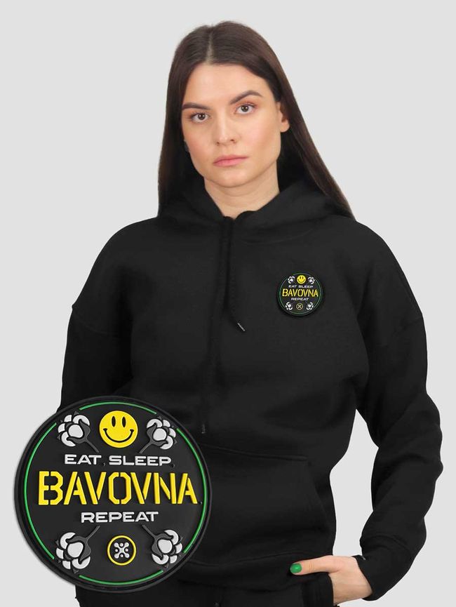 Women's Hoodie with a Changeable Patch “Eat, Sleep, Bavovna, Repeat”, Black, M-L, Bavovna