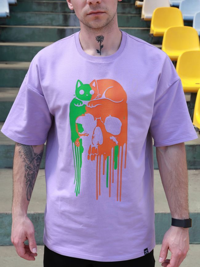 Футболка мужская оверсайз &ldquo;Cat x Skull&rdquo;, Ліла, XS-S