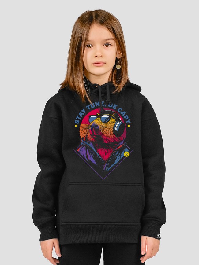Kid's hoodie "Stay Tune, be Capy (Capybara)", Black, XS (110-116 cm)