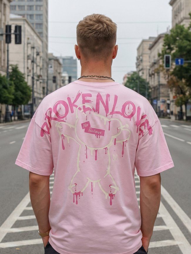 Футболка мужская оверсайз &ldquo;Broken Love&rdquo; Светло-розовая XSS с медведем