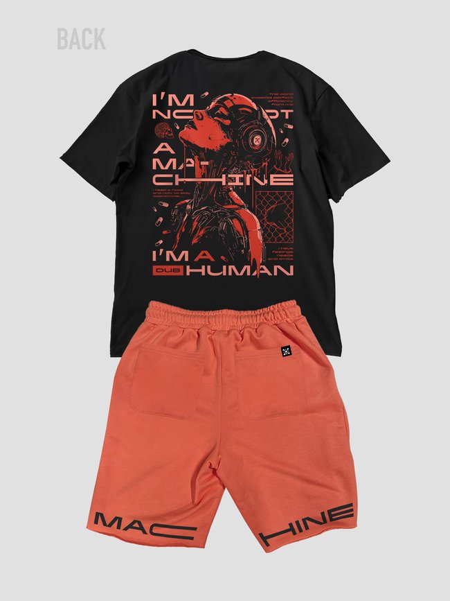 Комплект женский шорты и футболка оверсайз “Machine”, Черно-коралловый, 2XS