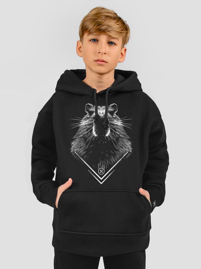 Kid's hoodie "Capybara Monochrome", Black, XS (110-116 cm)