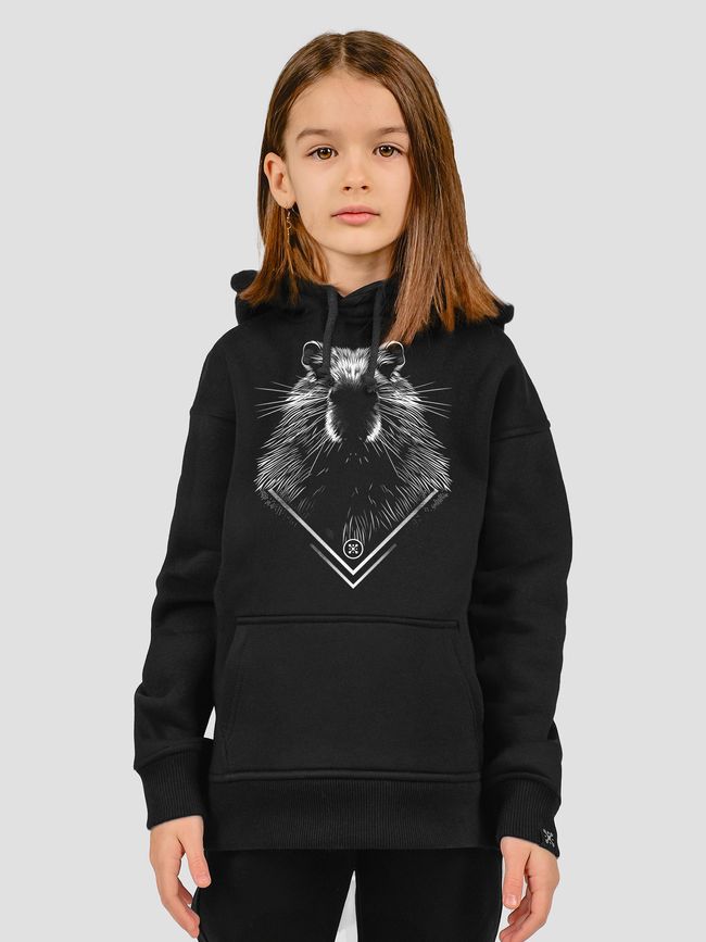 Kid's hoodie "Capybara Monochrome", Black, XS (110-116 cm)