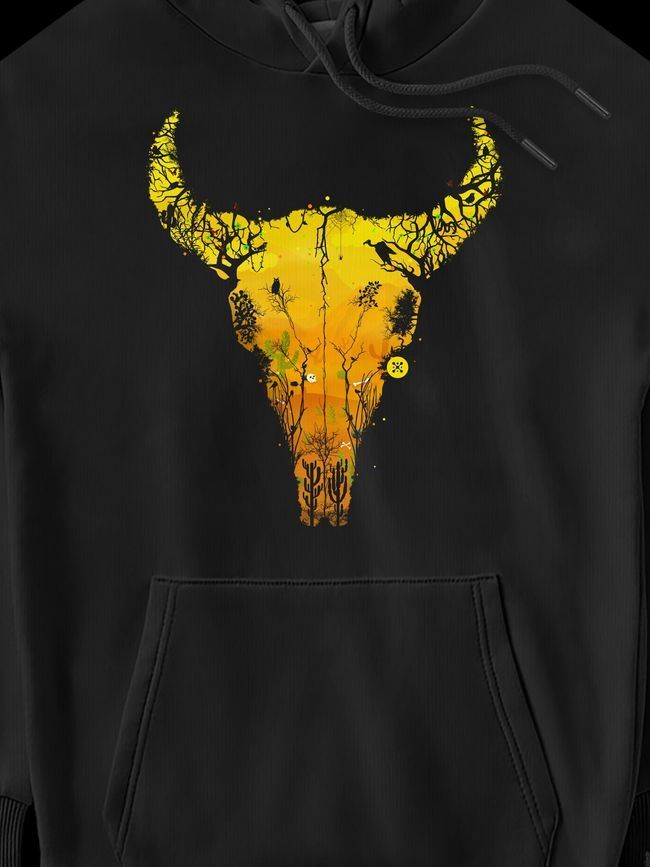 Women's Hoodie "Desert Cow Skull", Black, M-L