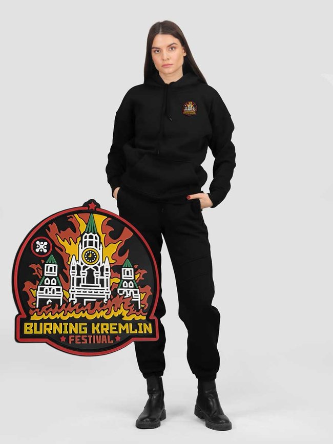 Костюм женский худи черный со сменным патчем "Burning Kremlin Festival", Черный, XS-S, XS (99 см)