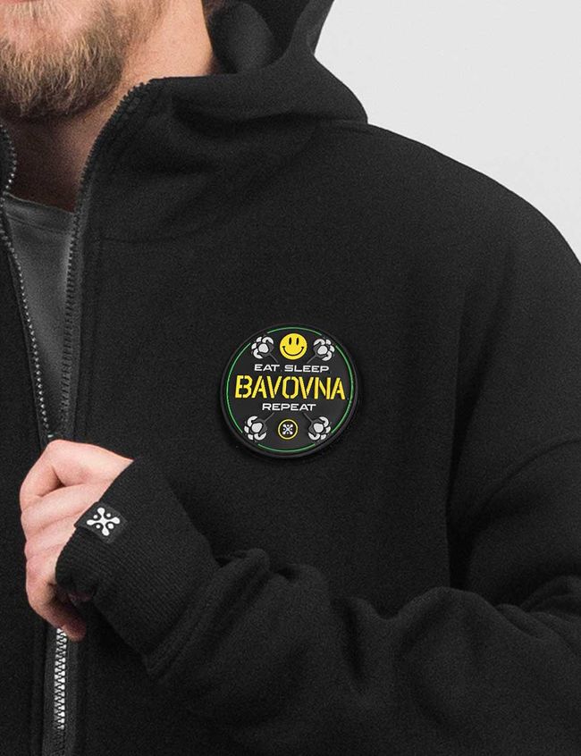 Men's tracksuit set with a Changeable Patch "Eat, Sleep, Bavovna, Repeat" Hoodie with a zipper, Black, 2XS, XS (99  cm)