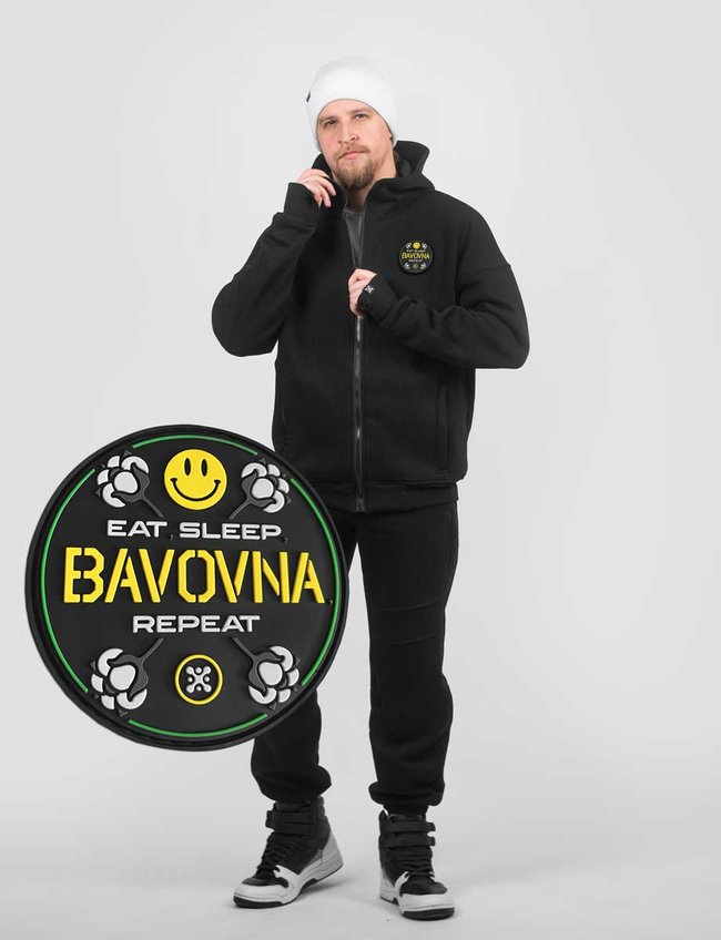 Men's tracksuit set with a Changeable Patch "Eat, Sleep, Bavovna, Repeat" Hoodie with a zipper, Black, 2XS, XS (99  cm)
