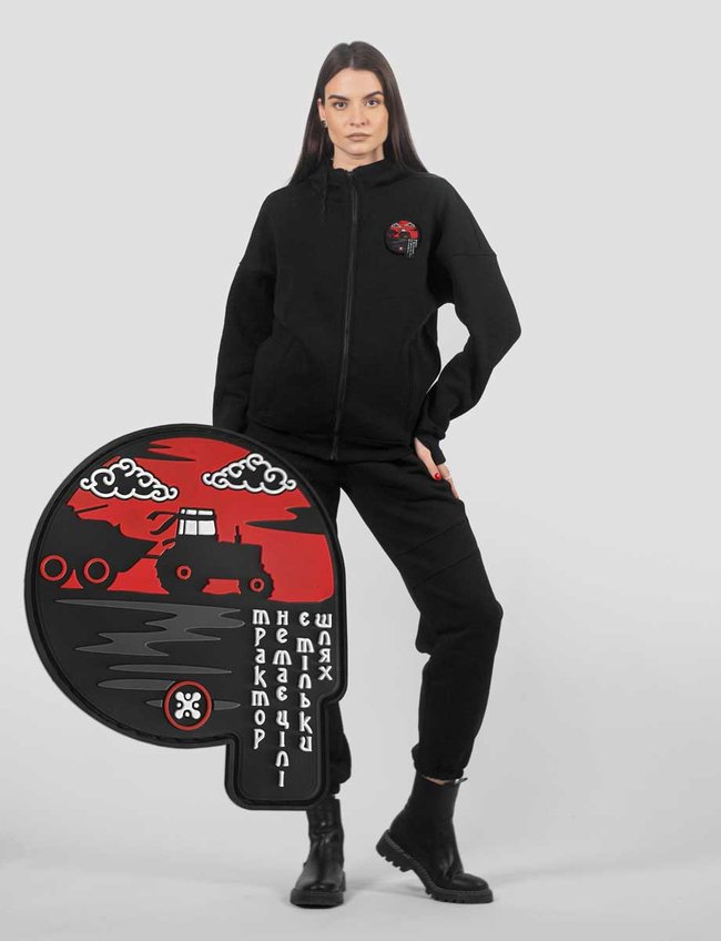 Women's tracksuit set with a Changeable Patch "Tractor steals a Tank" Hoodie with a zipper, Black, XS-S, XS (99  cm)