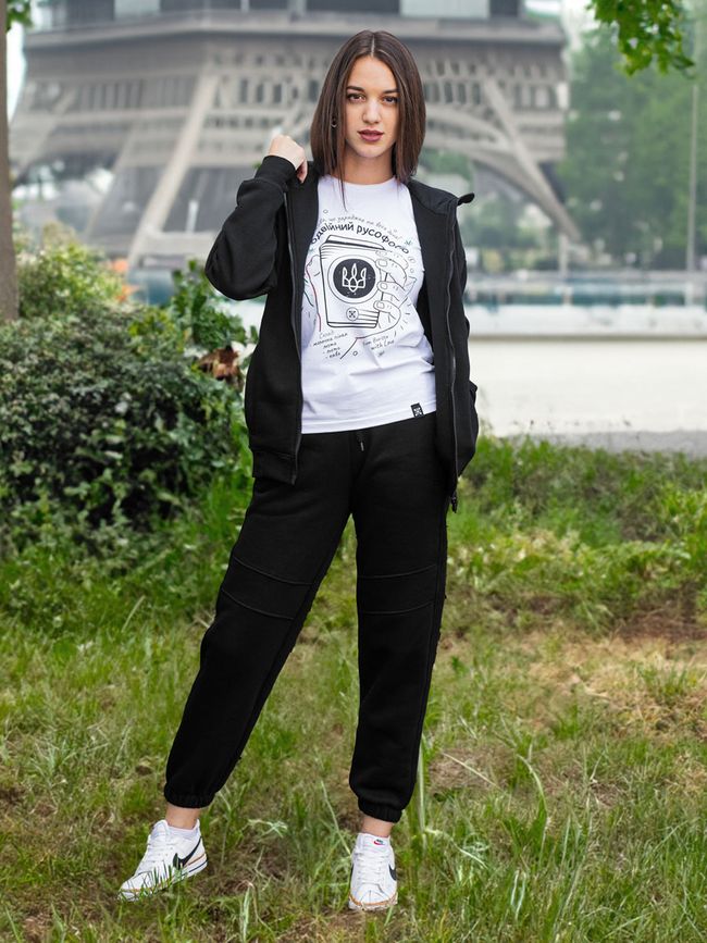 Women's tracksuit set with t-shirt “Double Russophobio”, Black, 2XS, XS (99  cm)