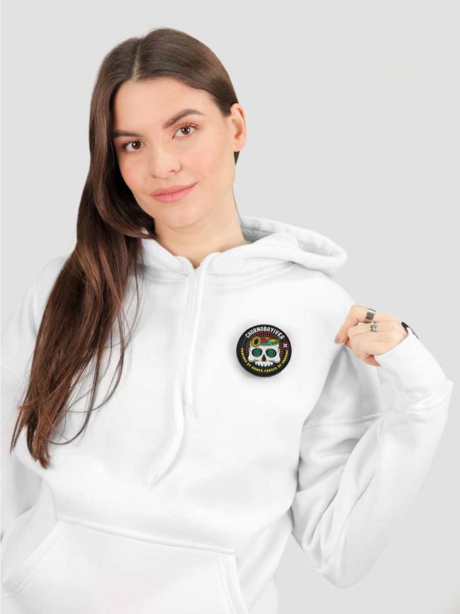 Women's tracksuit set Hoodie white with a Changeable Patch "Chornobayivka", Black, 2XS, XS (99  cm)