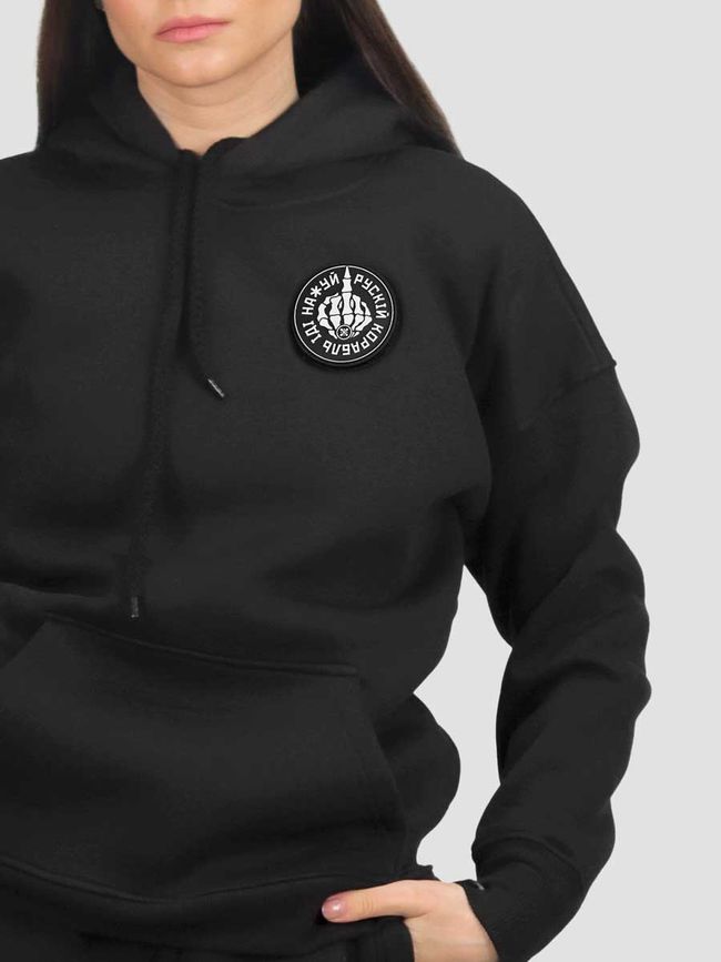 Women's tracksuit set Hoodie black with a Changeable Patch "Russian Warship Fuck Yourself", Black, 2XS, XS (99  cm)