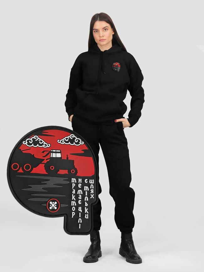 Women's tracksuit set Hoodie black with a Changeable Patch "Tractor steals a Tank", Black, XS-S, XS (99  cm)