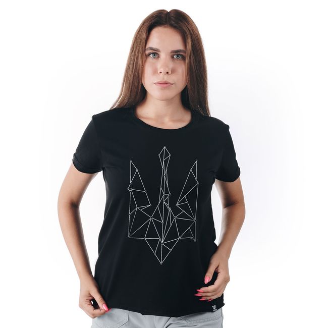 Women's T-shirt "Ukraine Line" with a Trident Coat of Arms, Black, M