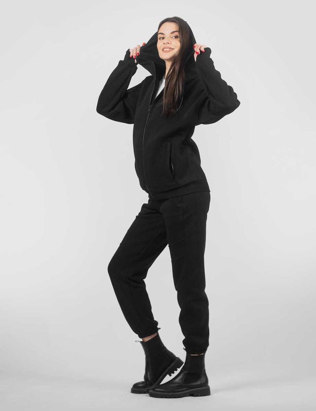 Women's tracksuit set with a Changeable Patch “Russian Warship Fuck Yourself” Hoodie with a zipper, Black, 2XS, XS (99  cm)