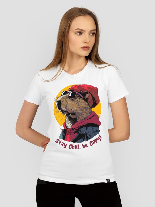 Women's T-shirt "Stay Chill, be Capy (Capybara)", White, M