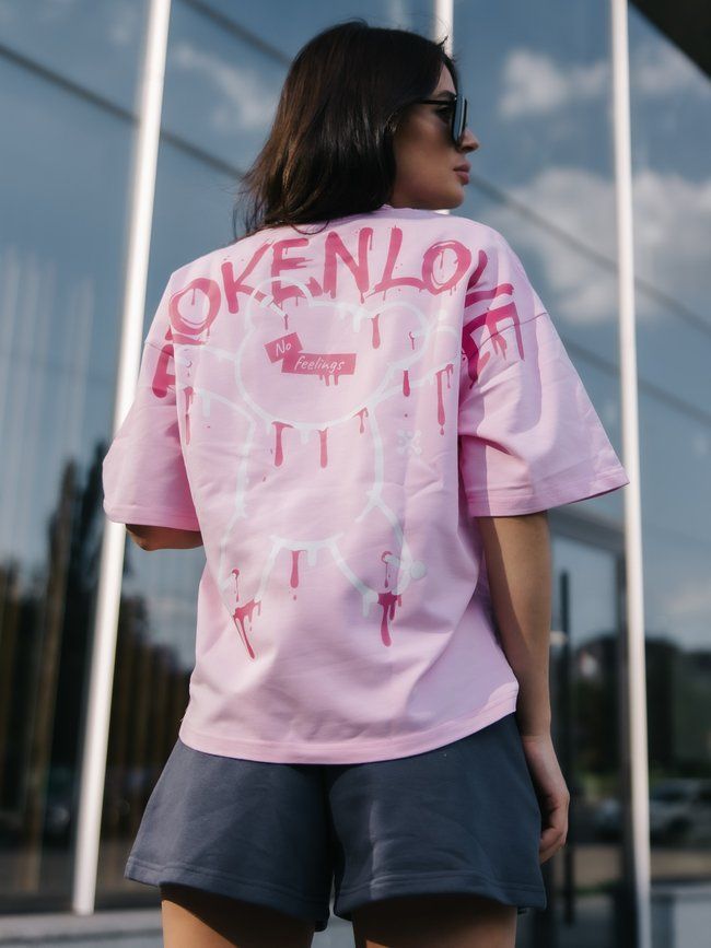Комплект жіночий шорти та футболка оверсайз &ldquo;Broken Love&rdquo;, Світло Рожевий і Грі, S