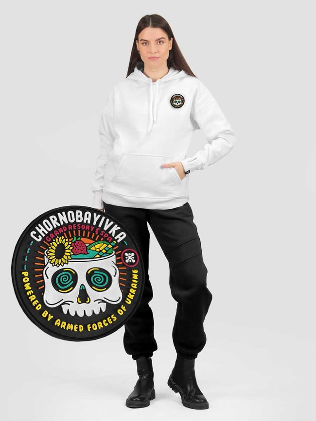 Women's tracksuit set Hoodie white with a Changeable Patch "Chornobayivka", Black, XS-S, XS (99  cm)