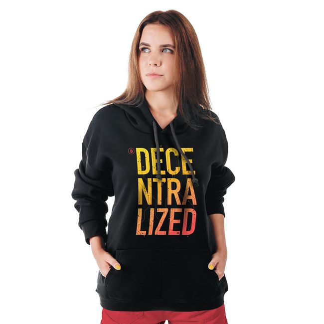Women's Hoodie “Decentralized” with Bitcoin Cryptocurrency, Black, M-L
