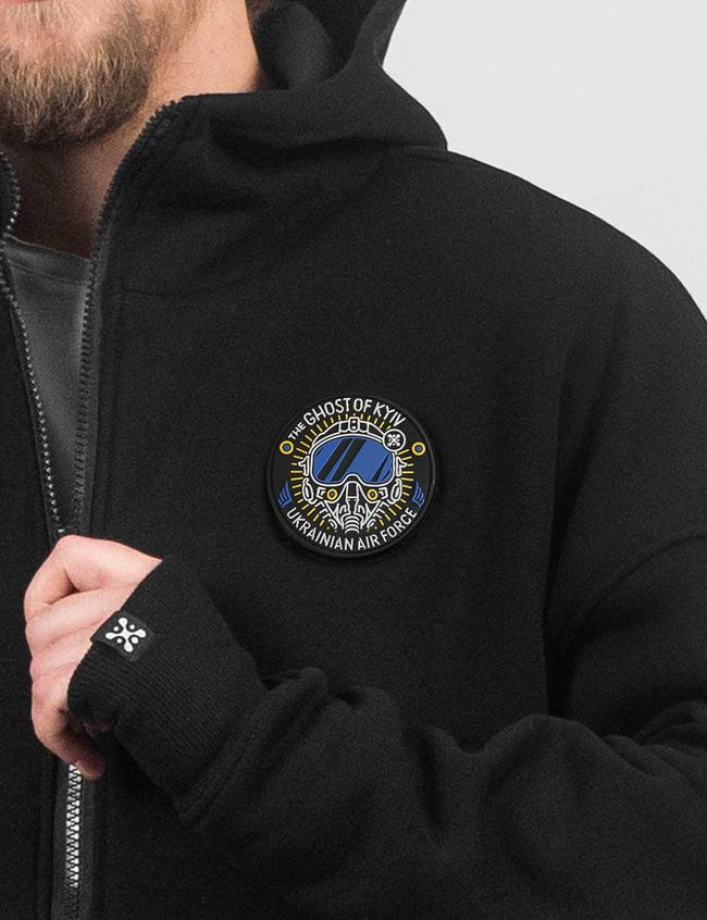Men's tracksuit set with a Changeable Patch "The Ghost of Kyiv" Hoodie with a zipper, Black, 2XS, XS (99  cm)