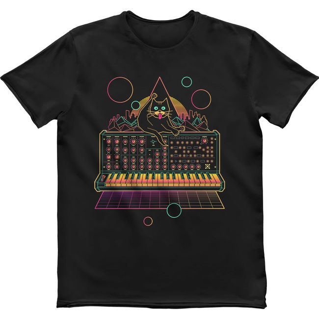 Men's T-shirt "Cat on Synthesizer", Black, XS