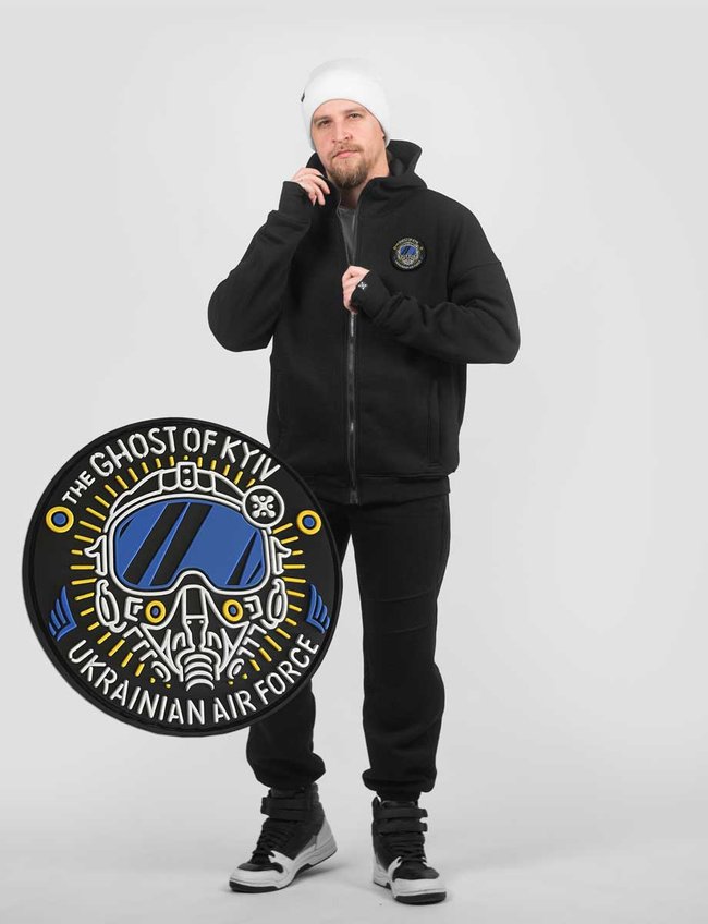 Men's tracksuit set with a Changeable Patch "The Ghost of Kyiv" Hoodie with a zipper, Black, XS-S, XS (99  cm)