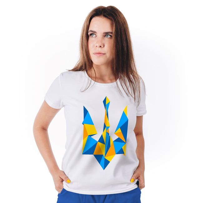Women's T-shirt "Ukraine Geometric" with a Trident Coat of Arms, White, M
