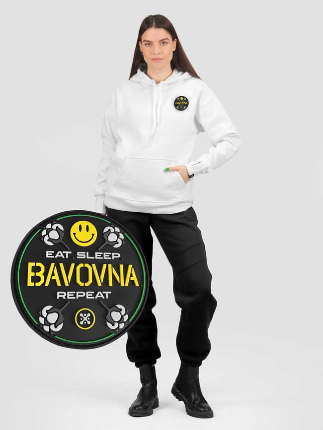 Women's tracksuit set Hoodie white with a Changeable Patch "Eat, Sleep, Bavovna, Repeat", Black, 2XS, XS (99  cm)