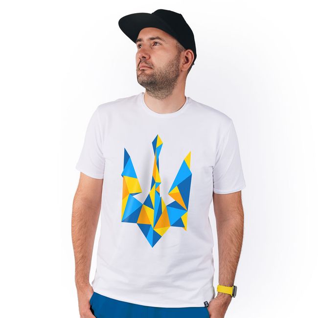 Men's T-shirt "Ukraine Geometric" with a Trident Coat of Arms, White, M