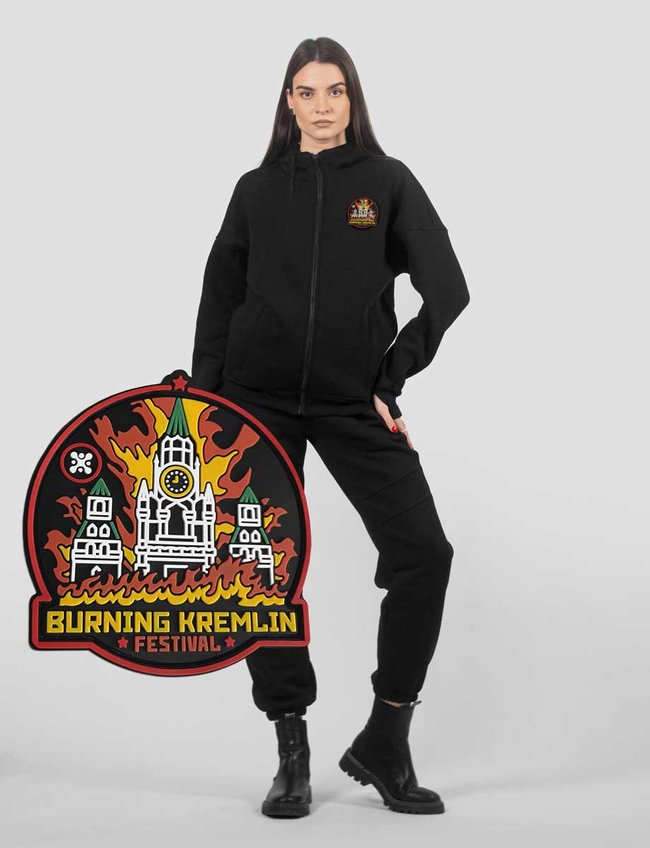 Костюм жіночий зі змінним патчем "Burning Kremlin Festival" худі на блискавці та штани, Чорний, XS-S, XS (99 см)