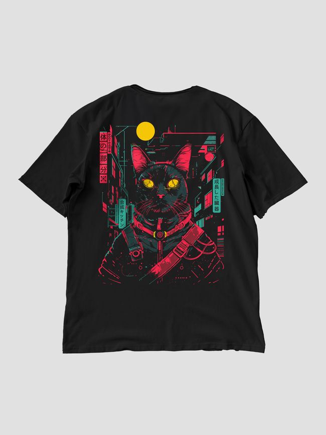 Men’s Oversize Suit - Shorts and T-shirt “Cyber Cat”, Black, 2XS