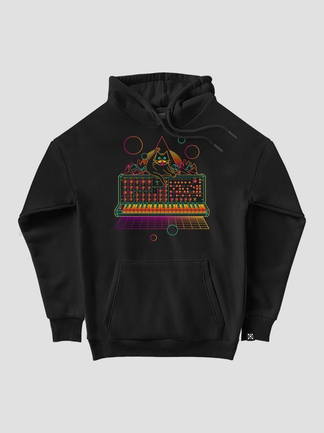 Women's Hoodie "Cat on Synthesizer", Black, M-L
