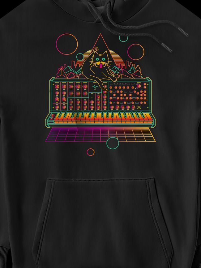 Women's Hoodie "Cat on Synthesizer", Black, M-L