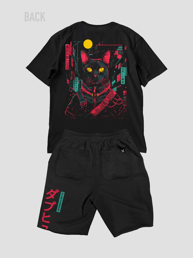 Комплект мужской шорты и футболка оверсайз “Cyber Cat”, Черный, 2XS