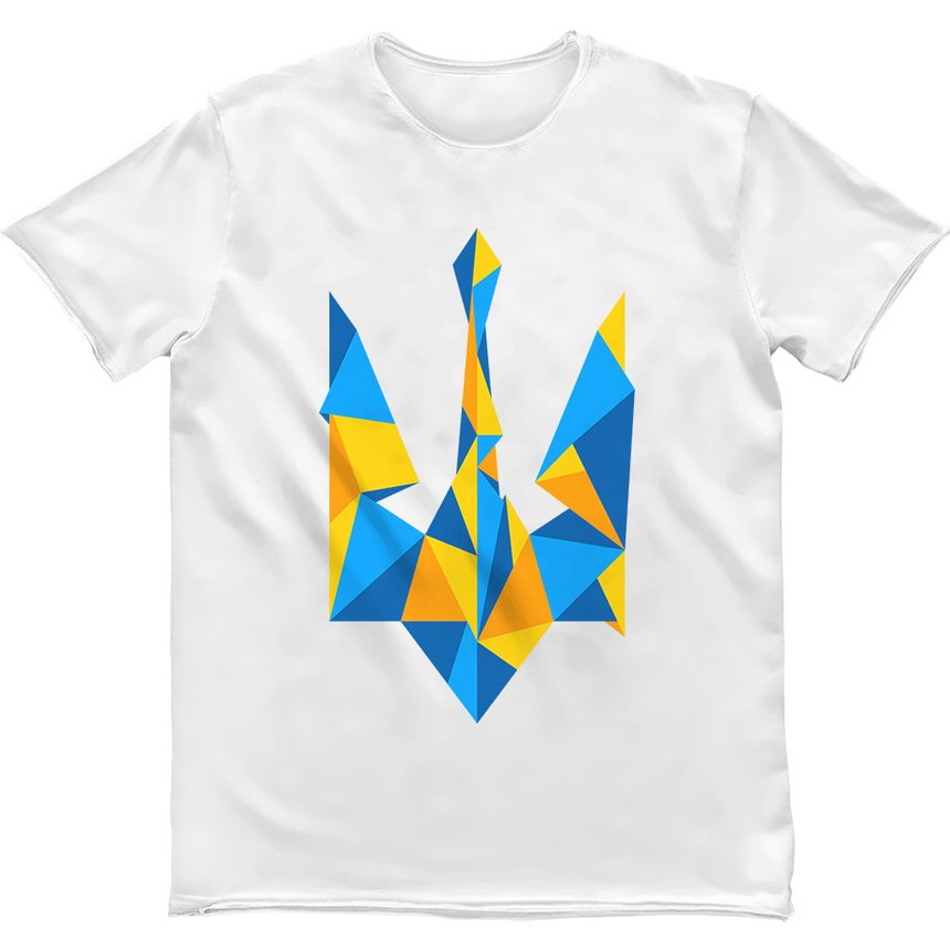 Men's T-shirt "Ukraine Geometric" with a Trident Coat of Arms, White, M