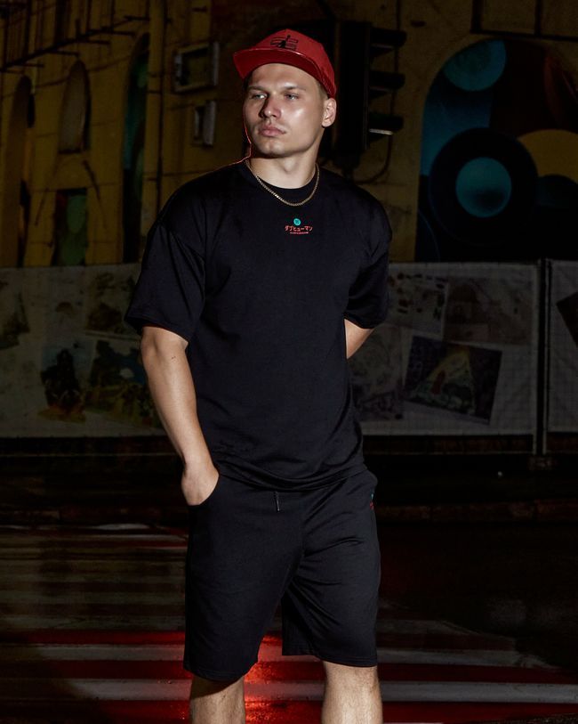 Men&rsquo;s Oversize Suit - Shorts and T-shirt &ldquo;Cyber Cat&rdquo; Black XSS with a Cat