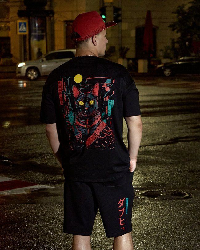 Men&rsquo;s Oversize Suit - Shorts and T-shirt &ldquo;Cyber Cat&rdquo; Black XSS with a Cat