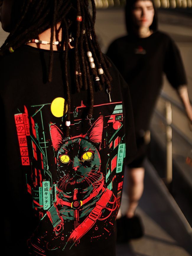Комплект мужской шорты и футболка оверсайз &ldquo;Cyber Cat&rdquo;, Черный, XS-S