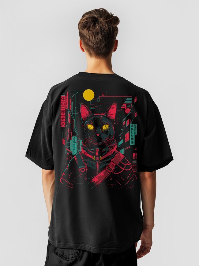 Комплект мужской шорты и футболка оверсайз &ldquo;Cyber Cat&rdquo;, Черный, XS-S
