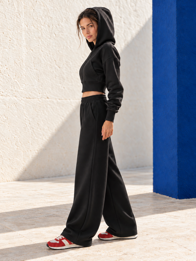 Women's cropped hoodie with zipper and oversized drawstring pants set, Black, XS, S