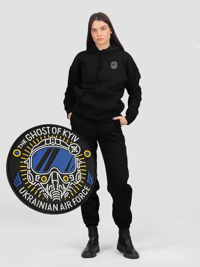 Women's tracksuit set Hoodie black with a Changeable Patch "The Ghost of Kyiv", Black, 2XS, XS (99  cm)