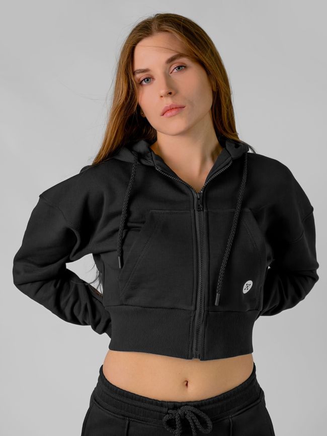 Short hoodie with zipper, Black, XS