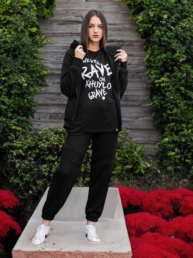 Women's tracksuit set with t-shirt oversize “We will Rave on Khuylo’s Grave”, Black, 2XS, XS (104 cm)