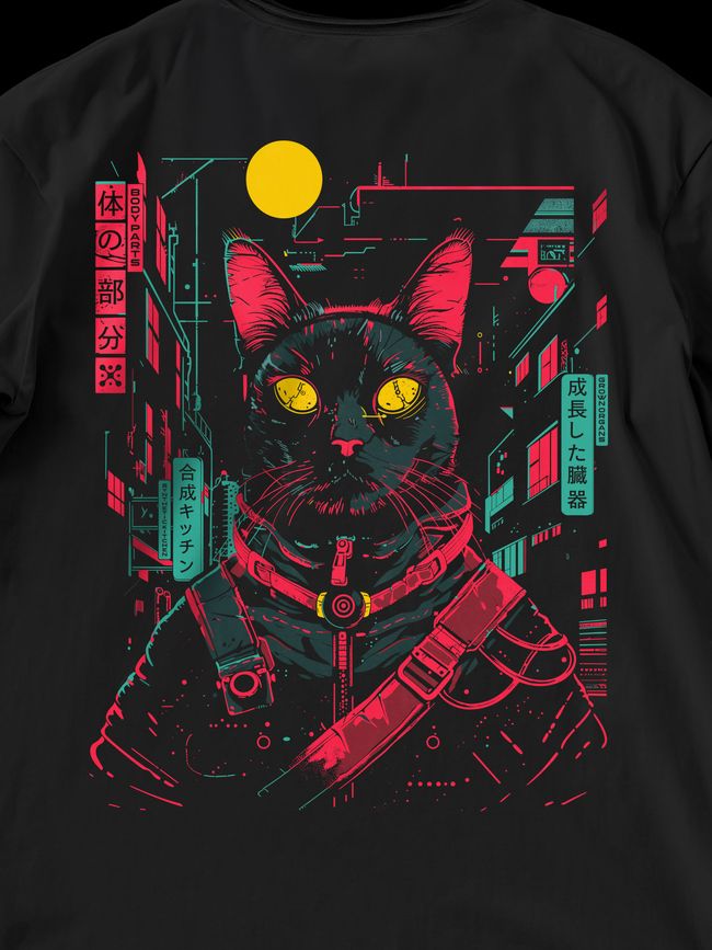 Футболка женская оверсайз “Cyber Cat”, Черный, XS-S