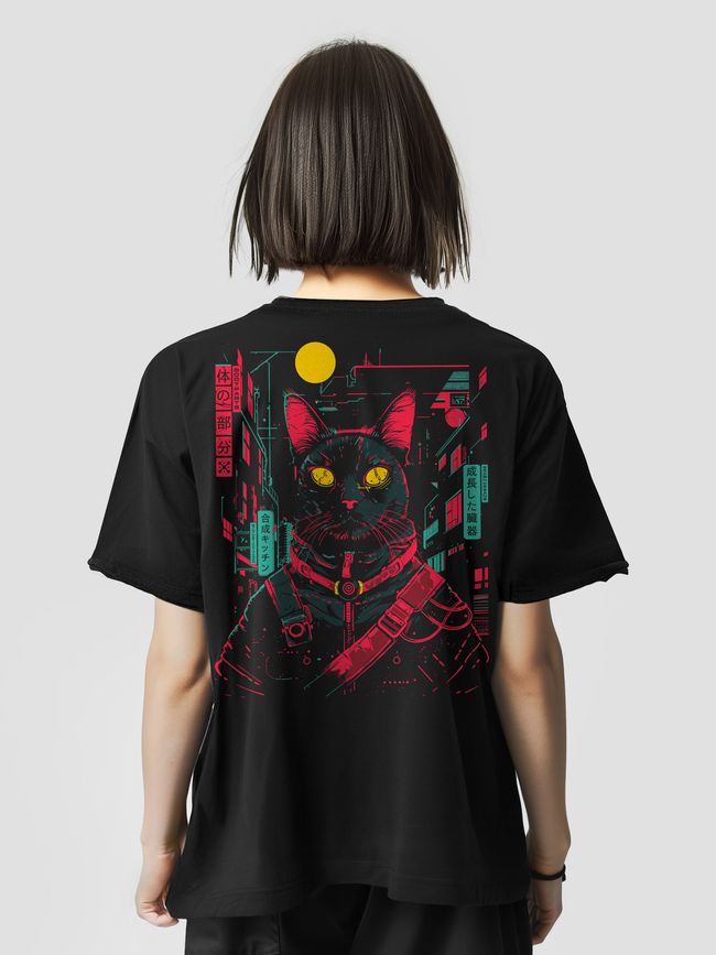 Women’s Oversize Suit - Shorts and T-shirt “Cyber Cat”, Black, 2XS