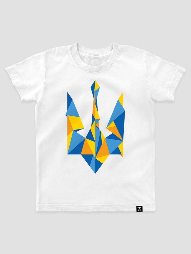 Kid's T-shirt "Ukraine Geometric" with a Trident Coat of Arms, White, XS (110-116 cm)