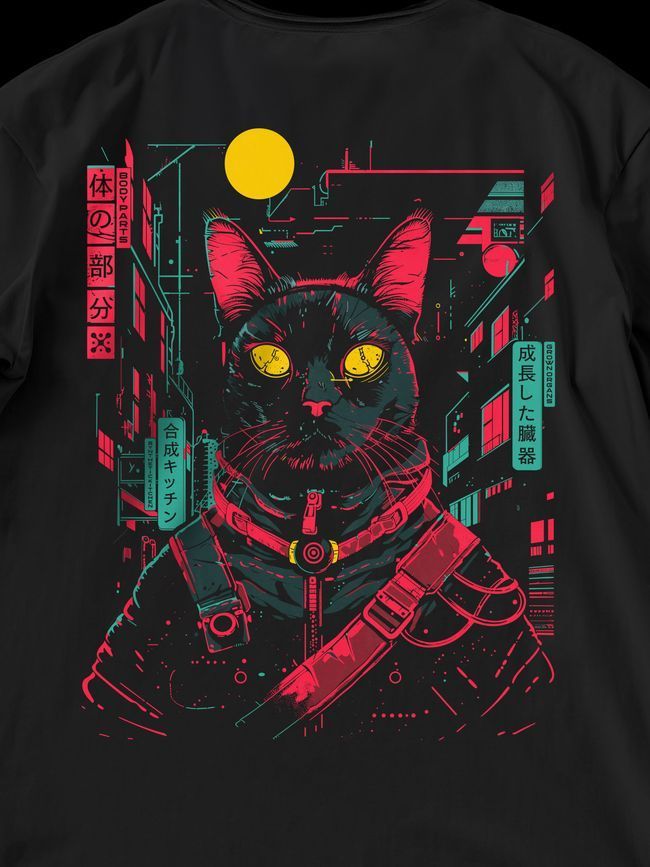Комплект женский шорты и футболка оверсайз &ldquo;Cyber Cat&rdquo;, Черный, XS-S