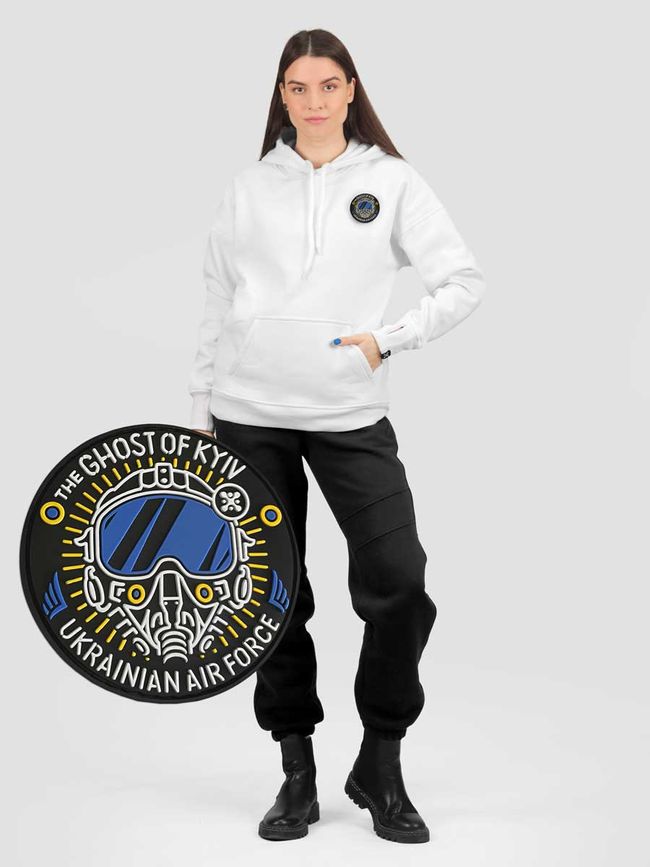 Women's tracksuit set Hoodie white with a Changeable Patch "The Ghost of Kyiv", Black, 2XS, XS (99  cm)