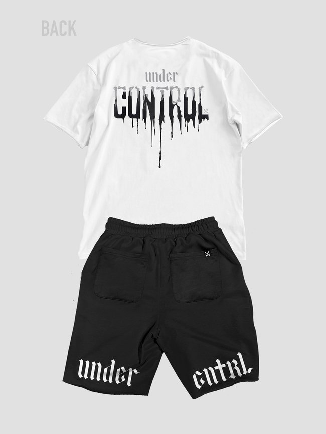 Комплект чоловічий шорти та футболка оверсайз “Under Control”, біло-чорний, XS-S