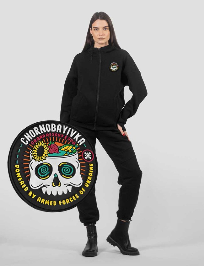 Women's tracksuit set with a Changeable Patch "Chornobayivka" Hoodie with a zipper, Black, 2XS, XS (99  cm)